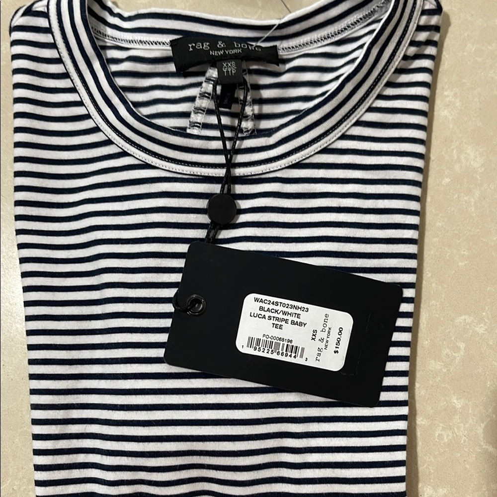 NWT XXS Rag & Bone Black and White Striped Short Sleeve Baby Tee